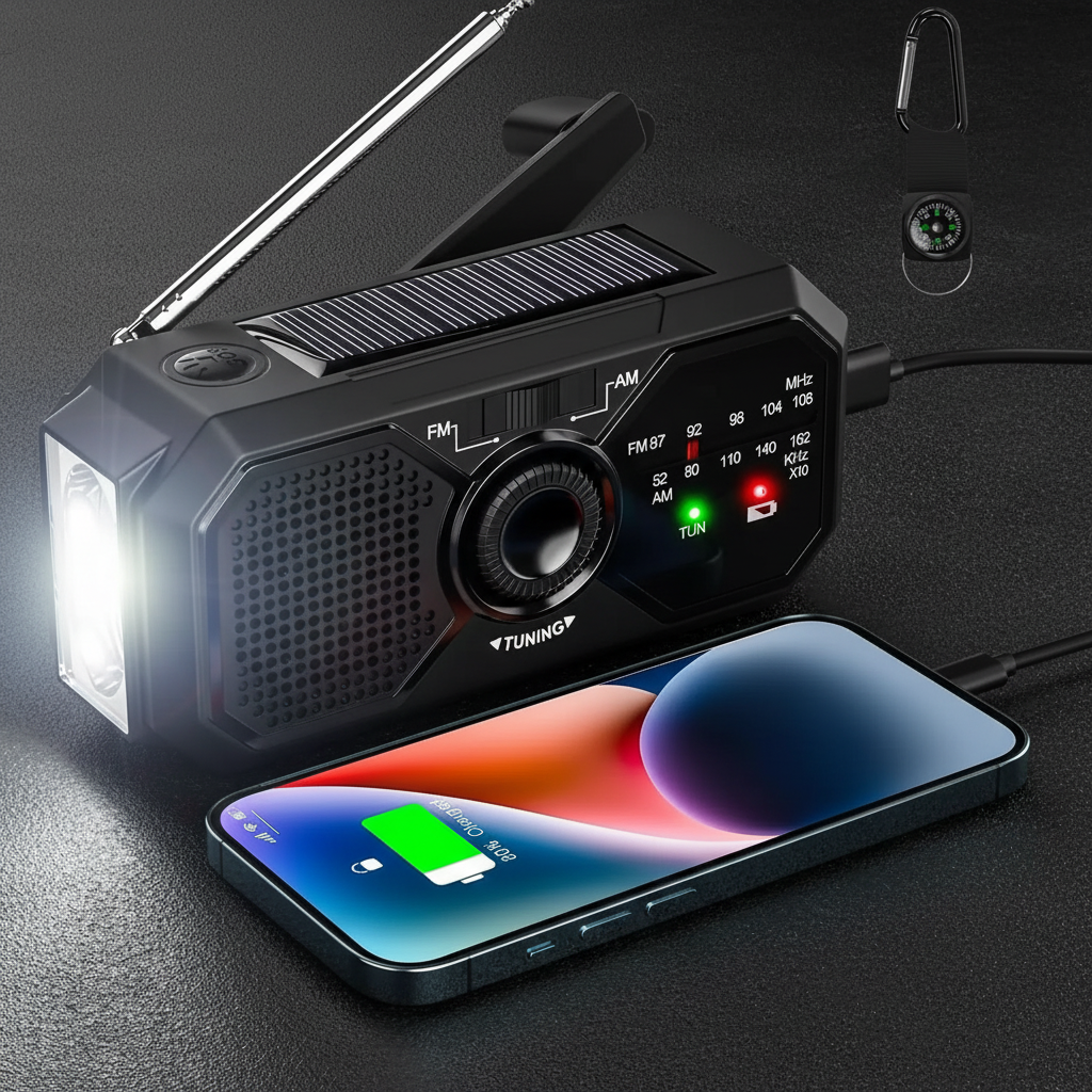 portable solar emergency radio with flashlight for survival and camping